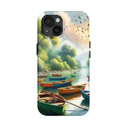 Colorful Wooden Boats River Forest Painting