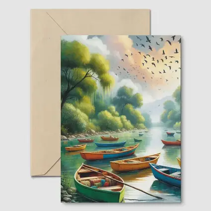 Colorful Wooden Boats River Forest Painting