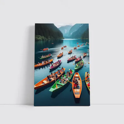 Colorful Boats on Mountain Lake Scene