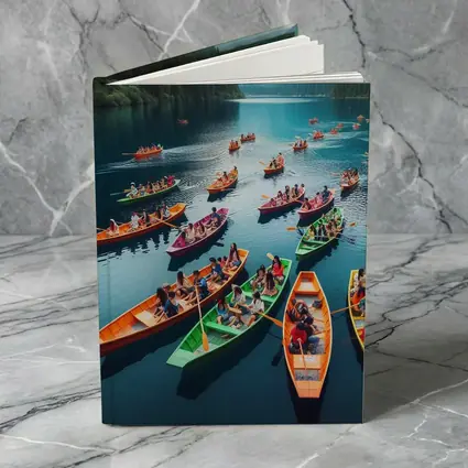 Colorful Boats on Mountain Lake Scene