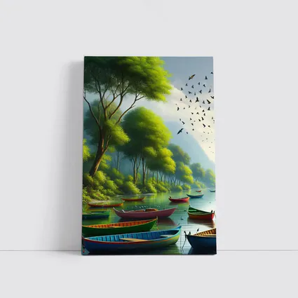 Colorful Boats On Calm River Forest
