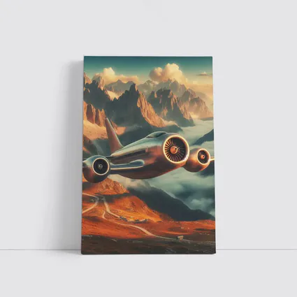 Futuristic Airplane Flying Over Mountain Landscape