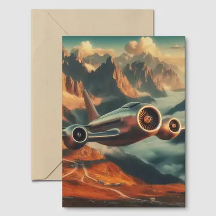 Futuristic Airplane Flying Over Mountain Landscape