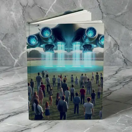 Futuristic Aircraft Hovering Over Crowd Gathering
