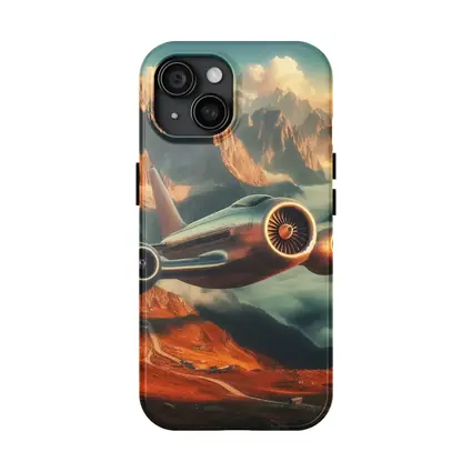 Futuristic Airplane Flying Over Mountain Landscape