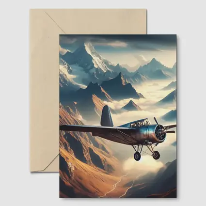 Vintage Propeller Plane Flying Over Mountains