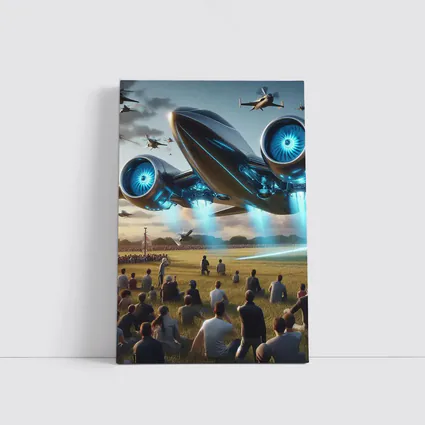 Futuristic Aircraft Over Crowd Open Field