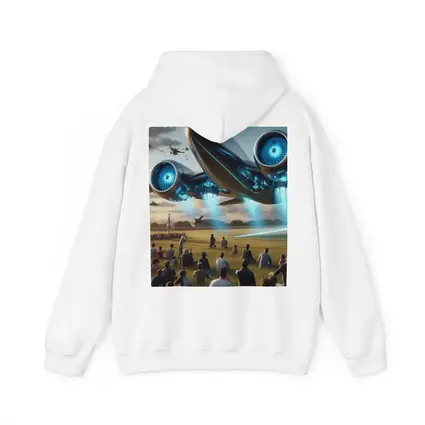 Futuristic Aircraft Over Crowd Open Field