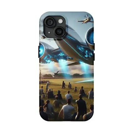 Futuristic Aircraft Over Crowd Open Field