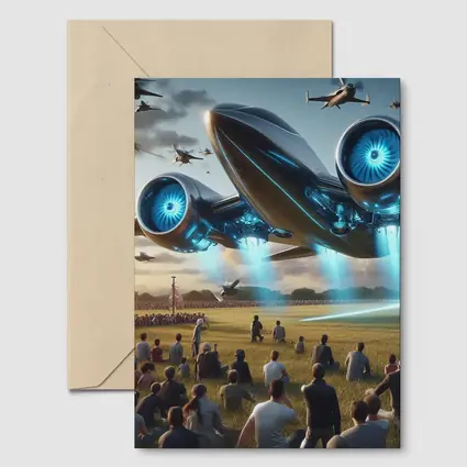 Futuristic Aircraft Over Crowd Open Field