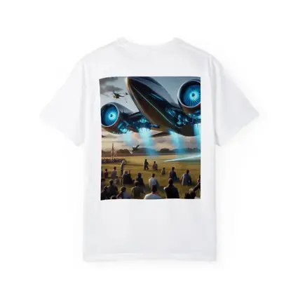 Futuristic Aircraft Over Crowd Open Field