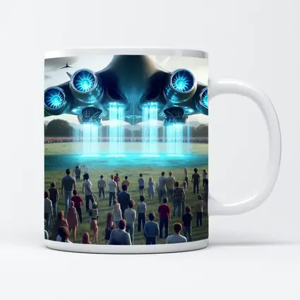 Futuristic Aircraft Hovering Over Crowd Field