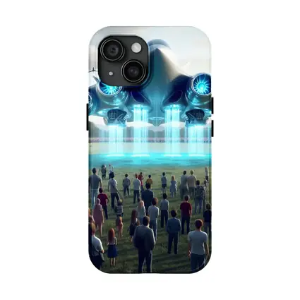 Futuristic Aircraft Hovering Over Crowd Field