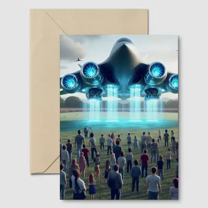 Futuristic Aircraft Hovering Over Crowd Field