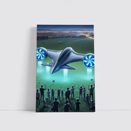 Futuristic Flying Craft Over Crowd Night