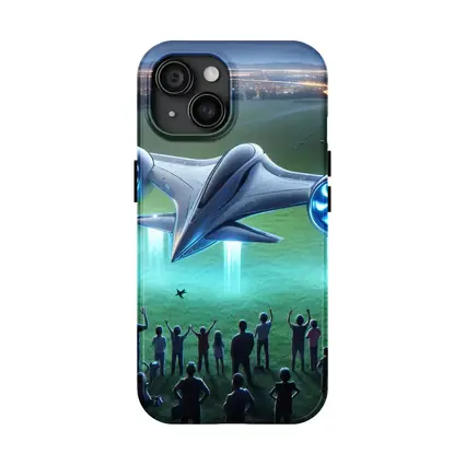 Futuristic Flying Craft Over Crowd Night