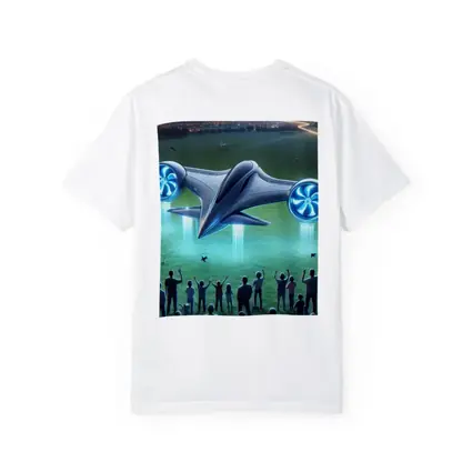 Futuristic Flying Craft Over Crowd Night