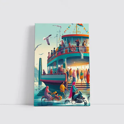 Colorful Ferry Dock Crowd Illustration Art