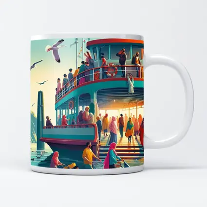 Colorful Ferry Dock Crowd Illustration Art