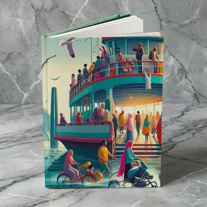 Colorful Ferry Dock Crowd Illustration Art