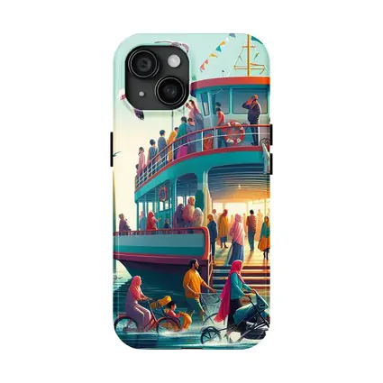 Colorful Ferry Dock Crowd Illustration Art