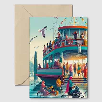 Colorful Ferry Dock Crowd Illustration Art
