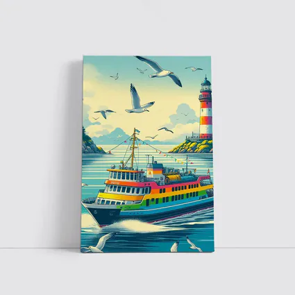 Colorful Ferry Boat Lighthouse Coastal Scene