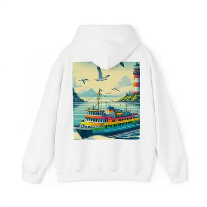 Colorful Ferry Boat Lighthouse Coastal Scene