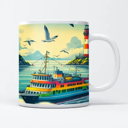 Colorful Ferry Boat Lighthouse Coastal Scene