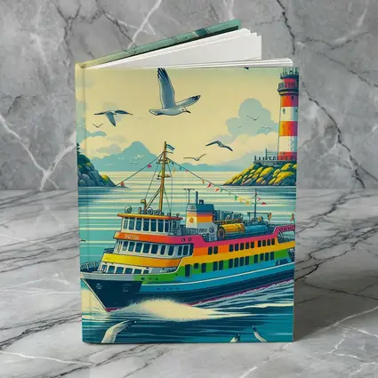 Colorful Ferry Boat Lighthouse Coastal Scene