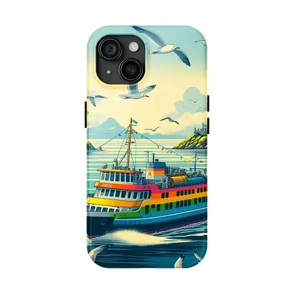 Colorful Ferry Boat Lighthouse Coastal Scene
