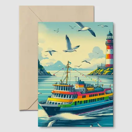 Colorful Ferry Boat Lighthouse Coastal Scene
