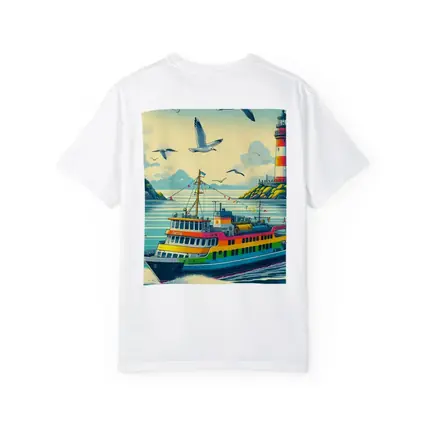 Colorful Ferry Boat Lighthouse Coastal Scene