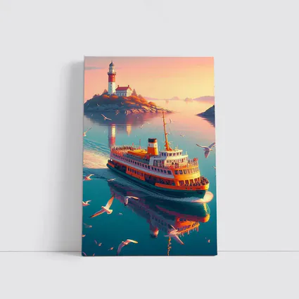 Ferry Boat Sailing Past Lighthouse Sunset