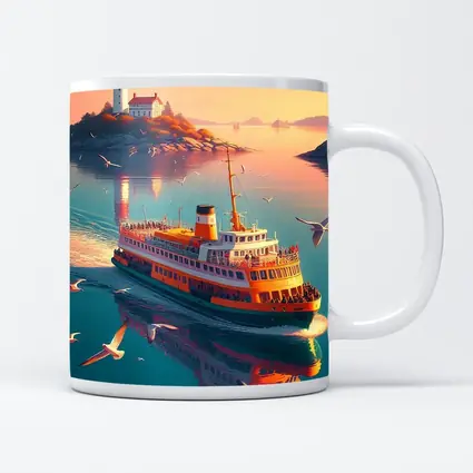 Ferry Boat Sailing Past Lighthouse Sunset
