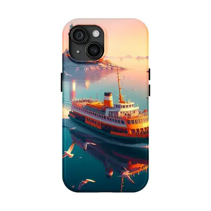 Ferry Boat Sailing Past Lighthouse Sunset
