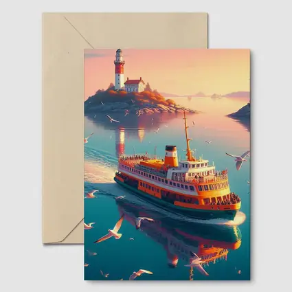 Ferry Boat Sailing Past Lighthouse Sunset