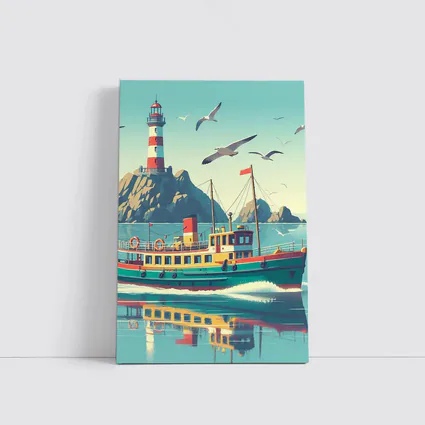 Retro Ferry Boat Lighthouse Coastal Scene
