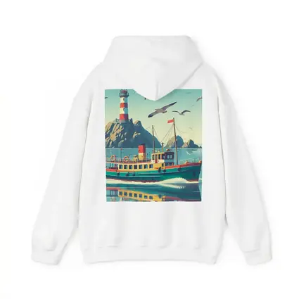 Retro Ferry Boat Lighthouse Coastal Scene
