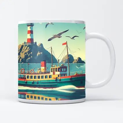 Retro Ferry Boat Lighthouse Coastal Scene