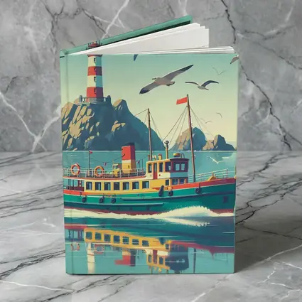 Retro Ferry Boat Lighthouse Coastal Scene
