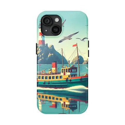 Retro Ferry Boat Lighthouse Coastal Scene