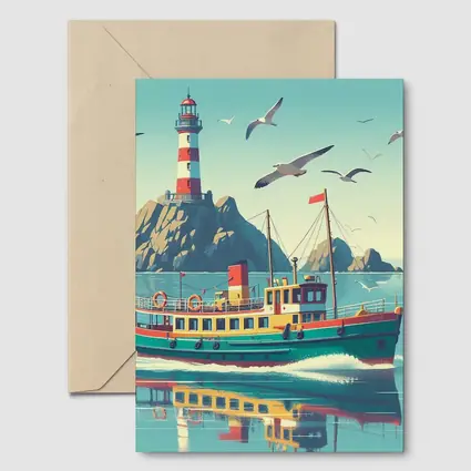 Retro Ferry Boat Lighthouse Coastal Scene