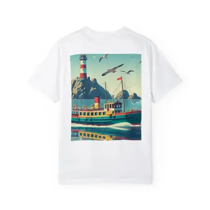 Retro Ferry Boat Lighthouse Coastal Scene