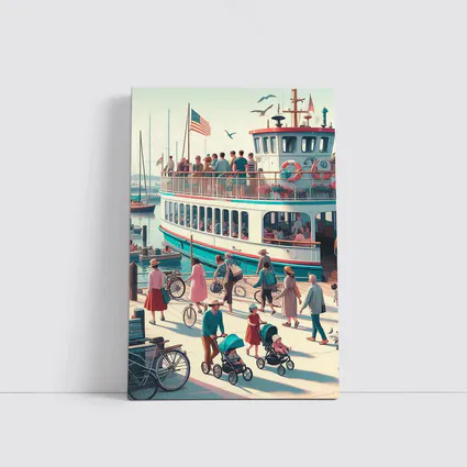 Ferry Dock Busy Harbor Scene Illustration