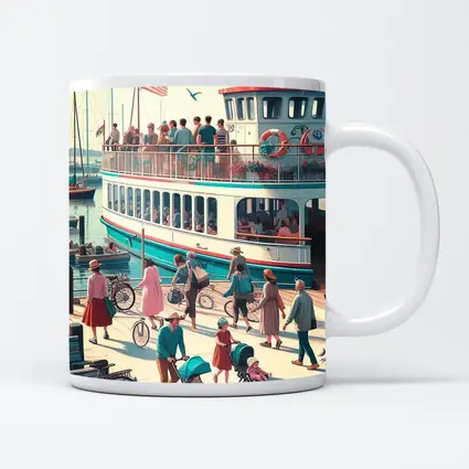 Ferry Dock Busy Harbor Scene Illustration