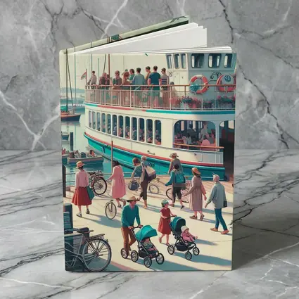 Ferry Dock Busy Harbor Scene Illustration