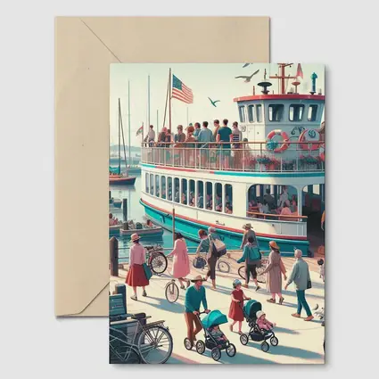 Ferry Dock Busy Harbor Scene Illustration