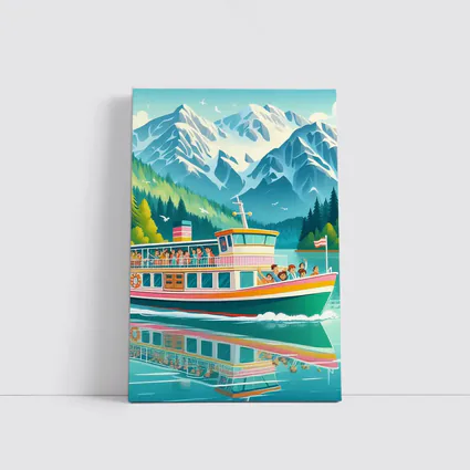 Colorful Ferry Boat Alpine Mountain Lake