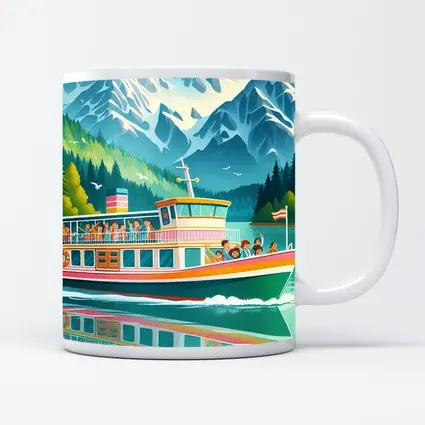 Colorful Ferry Boat Alpine Mountain Lake